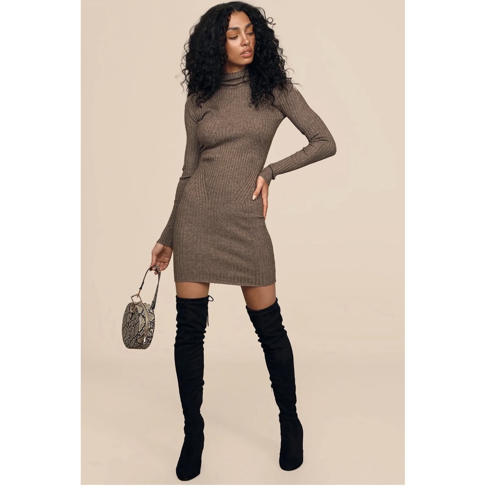 Lulus Women's Snug As Can Be Heather Taupe Ribbed Mock Neck Sweater Dress‎ XL